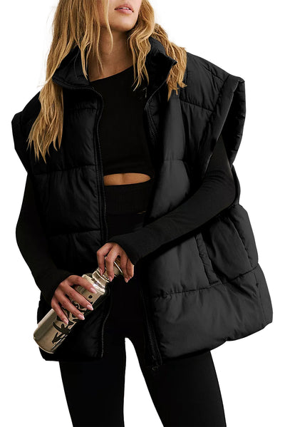 Beige Zipper Stand Neck Oversized Puffer Vest