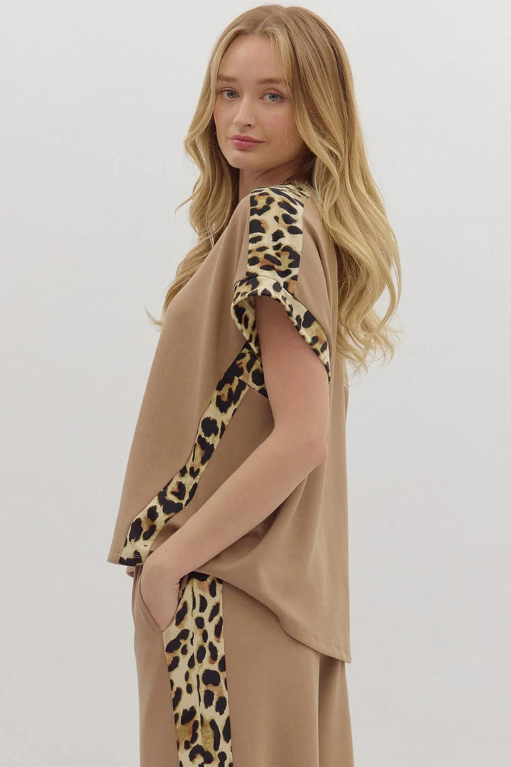 Light French Beige Leopard Trim Round Neck Loose T Shirt