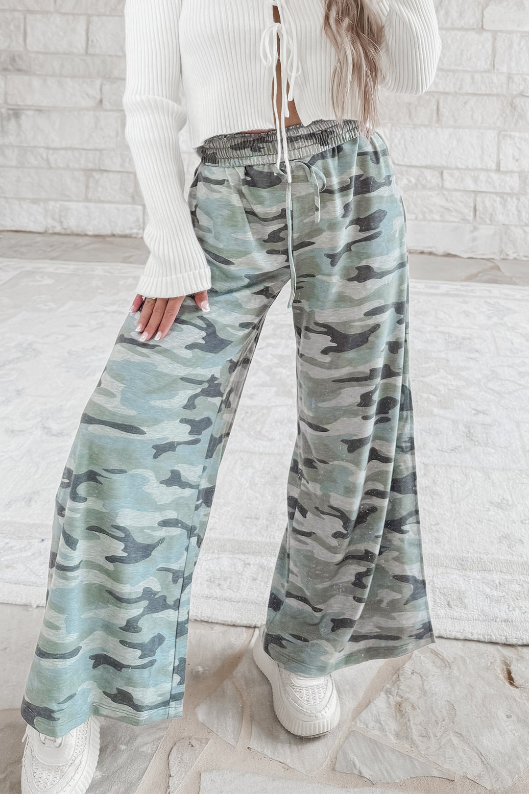Green Camo Wide Leg Tie Elastic Waist Casual Pants