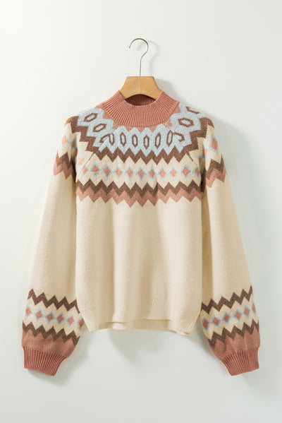 Geometric Mock Neck Long Sleeve Sweater