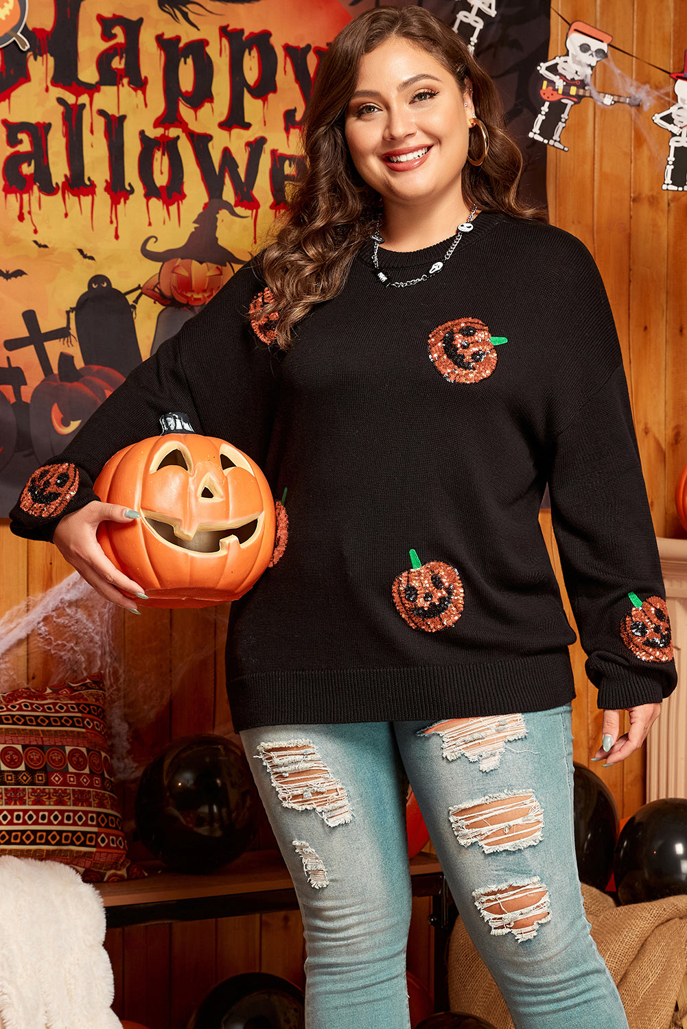 Black Plus Size Halloween Sequined Pumpkin Pattern Sweater