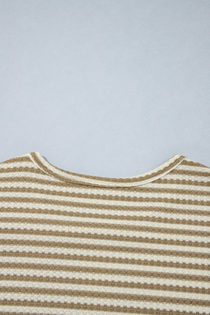 Brown Stripe Textured Knit Long Sleeve Top Elastic Waist Shorts Casual Outfit