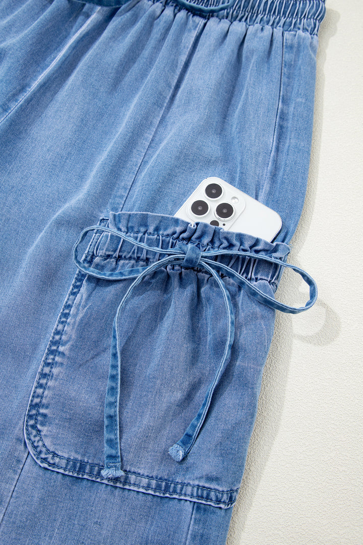 Beau Blue Drawstring Elastic Waist Pocketed Loose Denim Pants