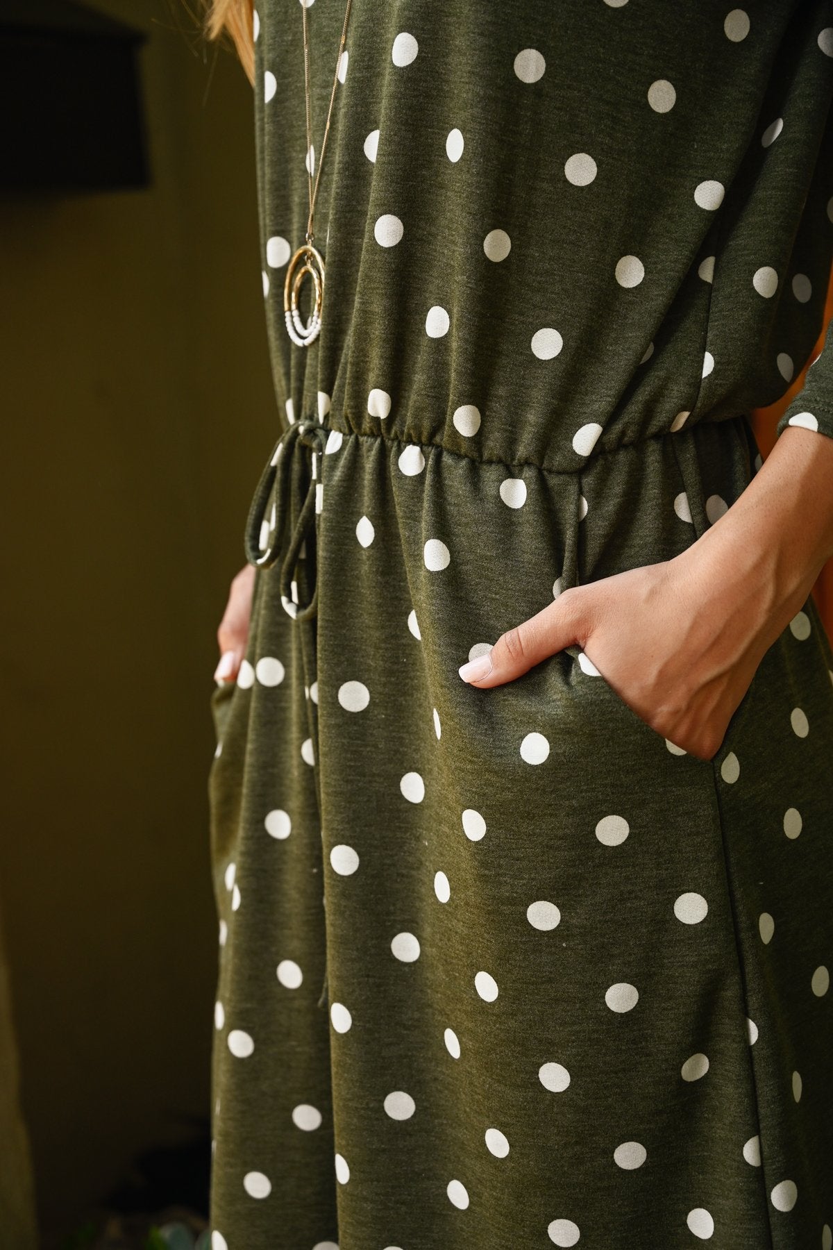 Polka Dot Print French Terry Cinch Waist Tie Front Dress With Pockets