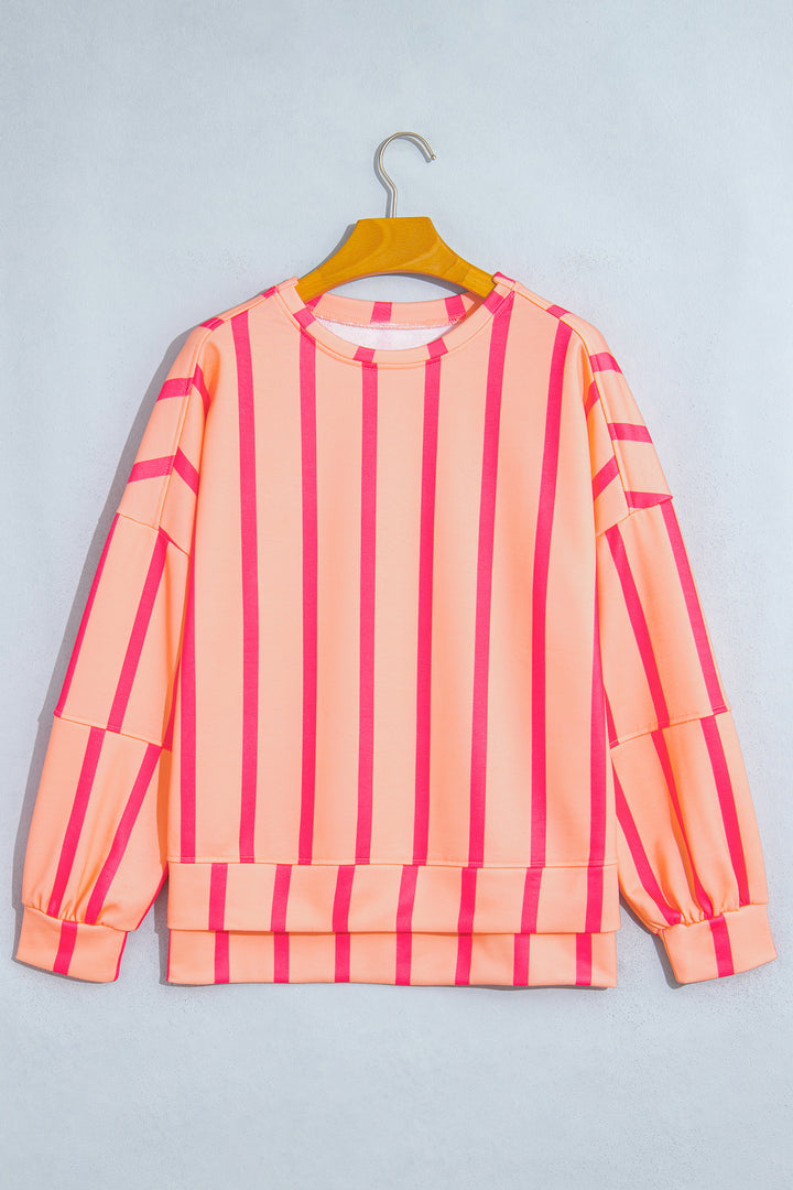 Pink Stripe Dropped Shoulder Round Neck Casual Sweatshirt