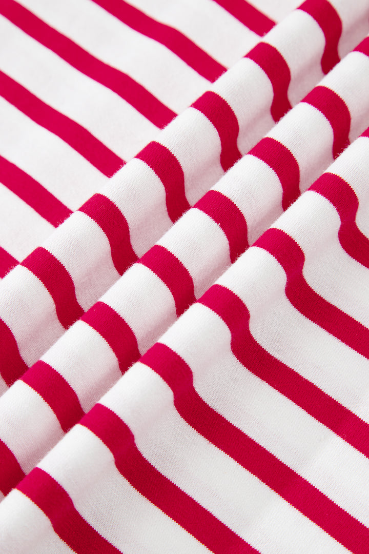 Red Stripe Scalloped Trim Round Neck T Shirt
