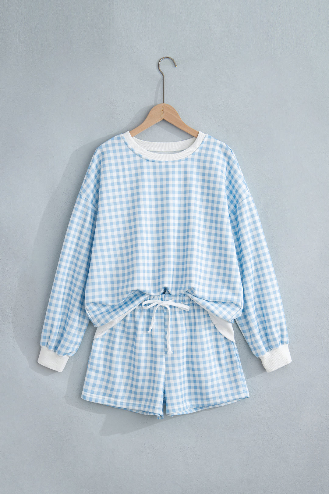 Pink Plaid Baggy Pullover Drawstring Casual Shorts 2pcs Outfit