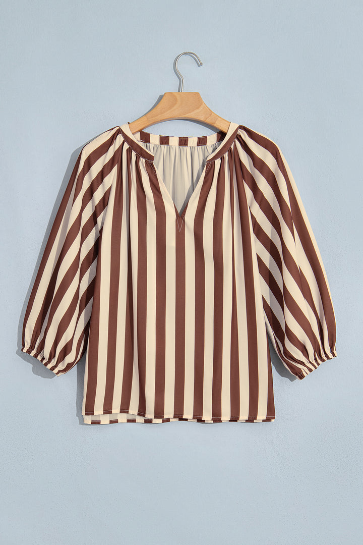 Brown Stripe V Neck Half Sleeve Casual Blouse