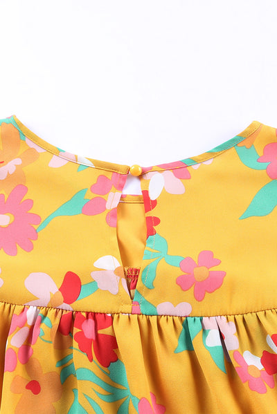 Yellow Floral Print Ruffle Cap Sleeve Keyhole Back Blouse