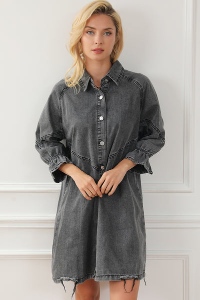 Gray Buttoned Long Sleeve Denim Mini Dress