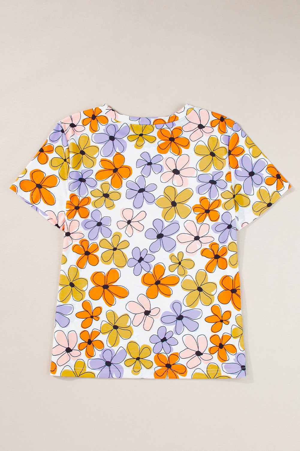 Orange Summer Flower Print Casual Round Neck T Shirt