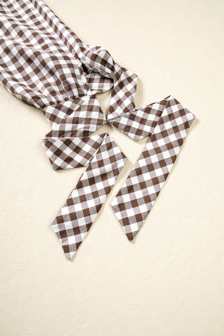 Brown Plaid Knot Half Sleeve Button Down Shirt