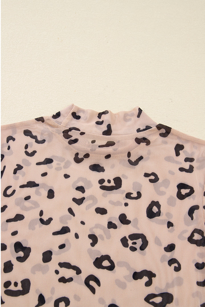 Khaki Mock Neck Sheer Mesh Leopard Long Sleeve Bodysuit