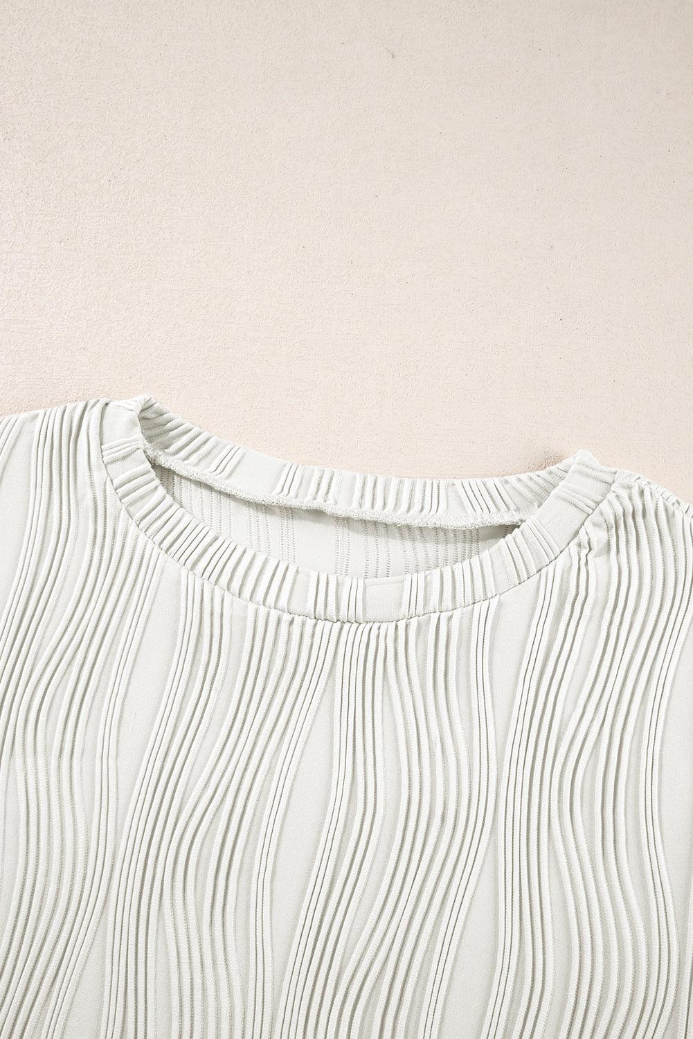 White Textured Wavy Round Neck Long Sleeve Top