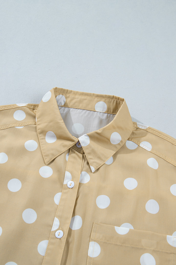 White Polka Dot Print Three Quarter Sleeve Ruffle Hem Casual Shirt