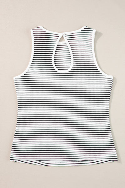 White Striped Print Ribbed Knit Sleeveless Top