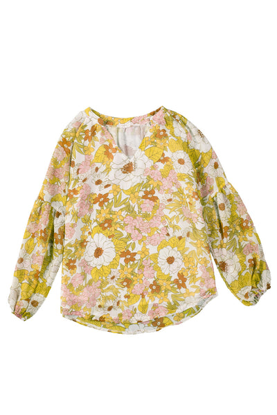 Yellow Floral Print V Neck Long Puff Sleeve Top