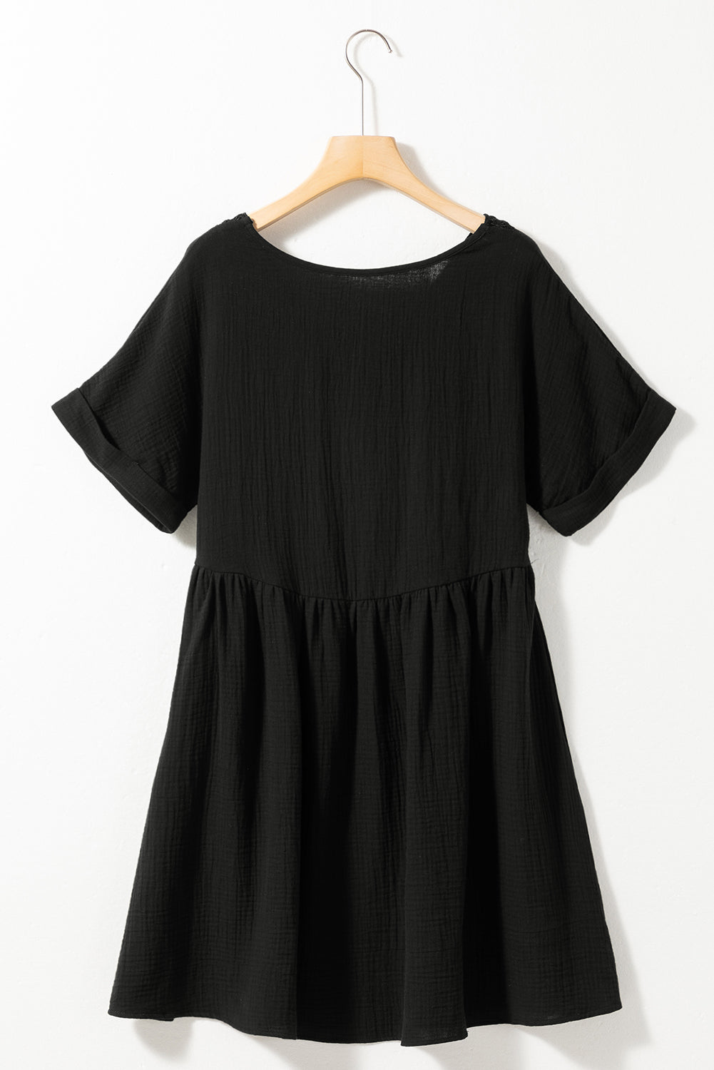 Black Folded Short Sleeve Lace V Neck Mini Dress