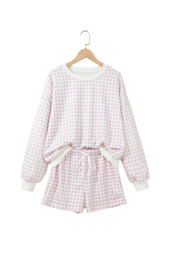 Pink Plaid Baggy Pullover Drawstring Casual Shorts 2pcs Outfit