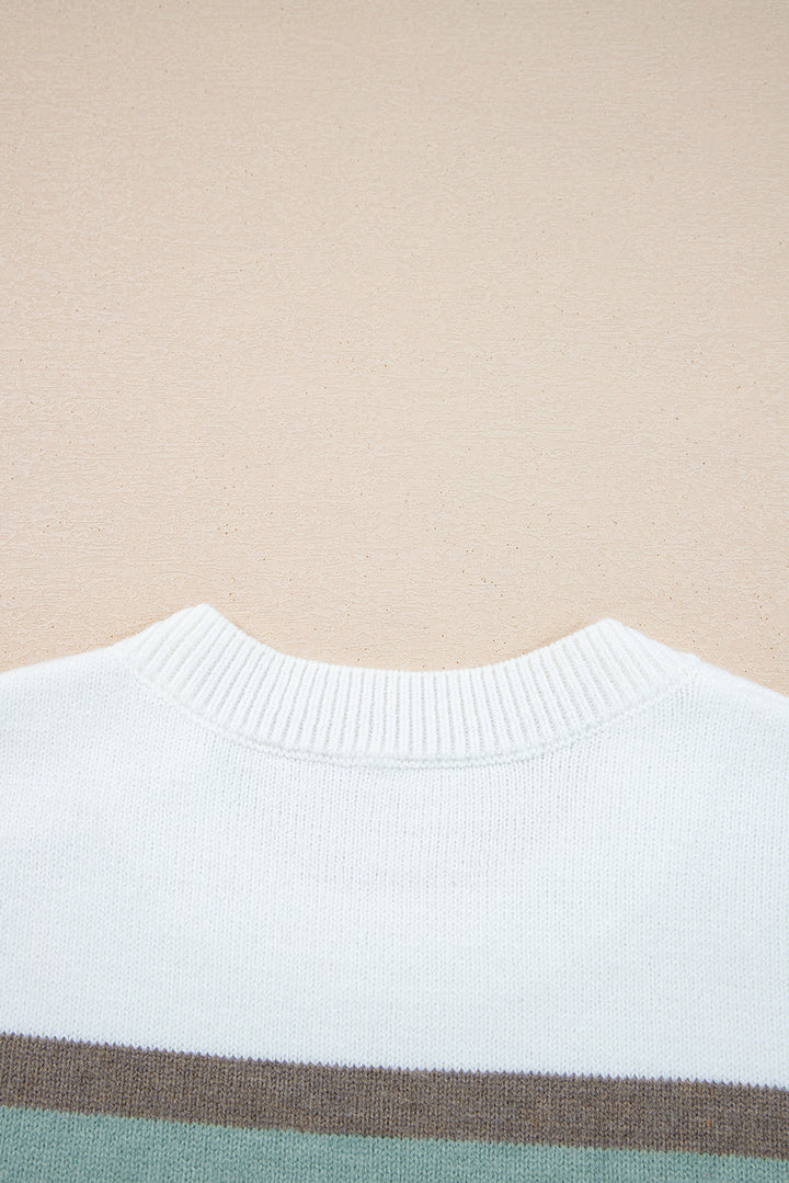 White Striped Color Block Knit Drop Shoulder Sweater