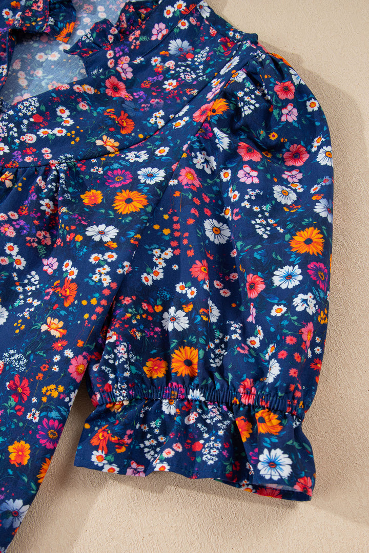Blue Wild Daisy Floral Split Neck Short Puff Sleeve Mini Dress