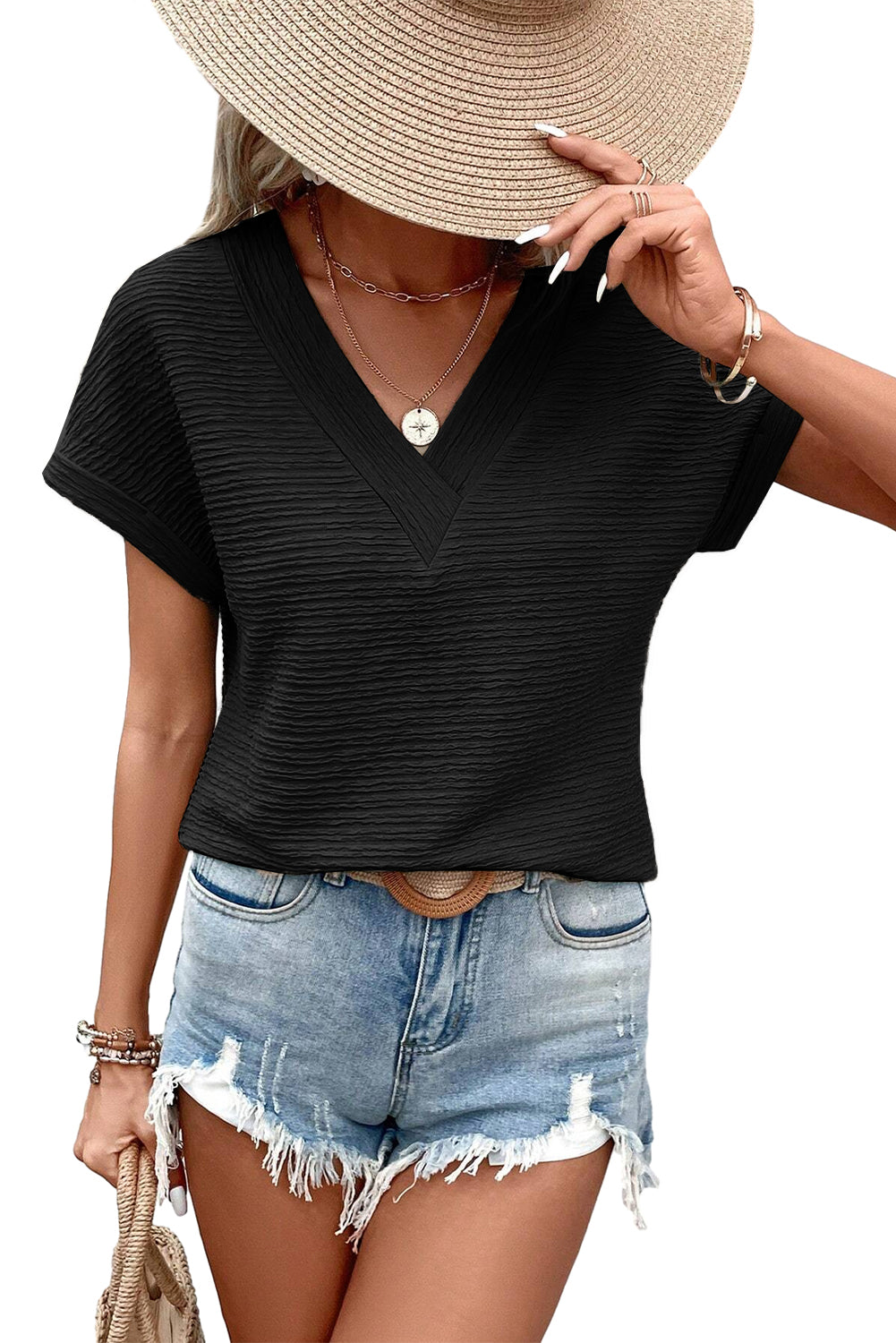 Black Textured Wide Sleeve V Neck T Shirt