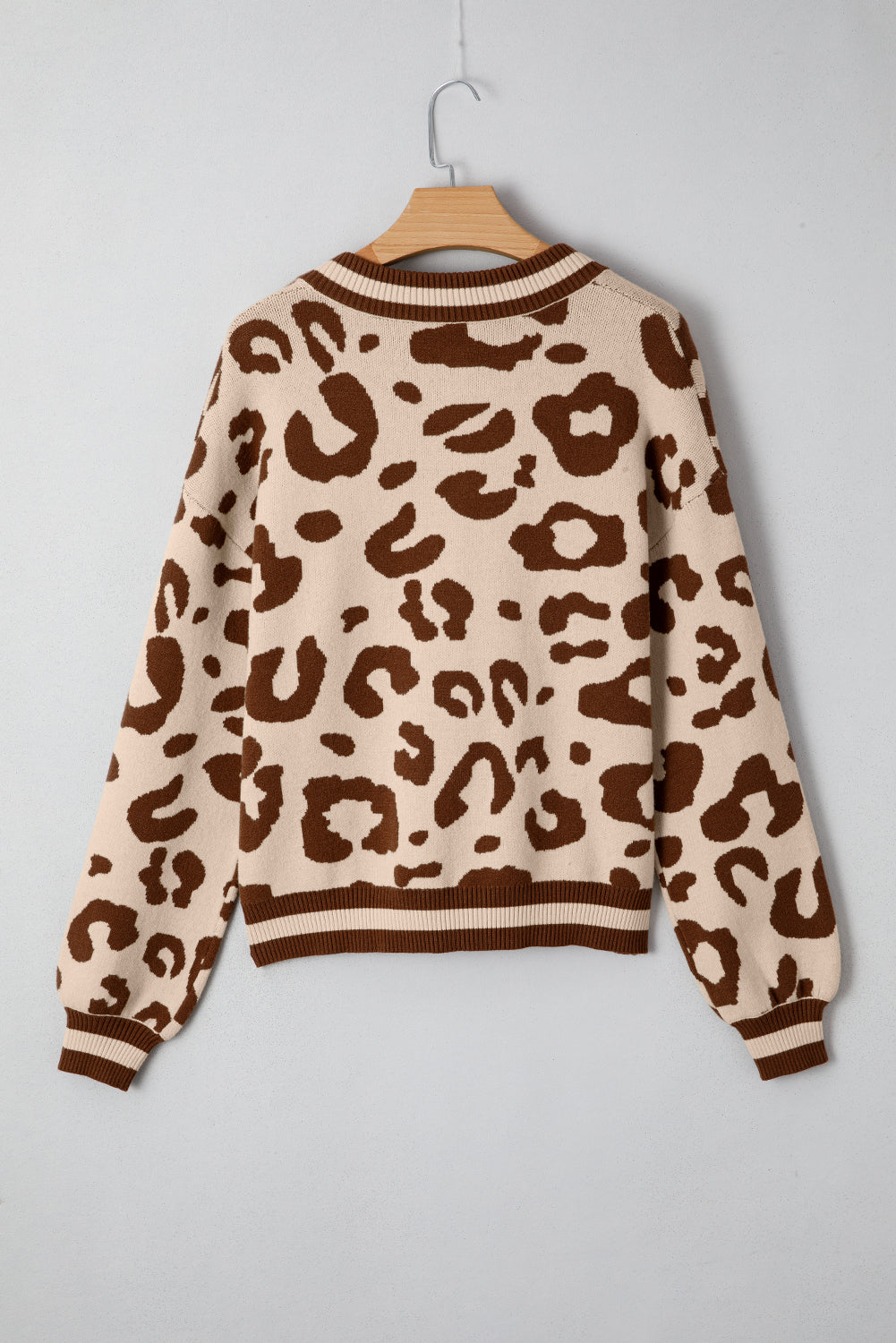 Light French Beige Leopard Printed Knit V Neck Casual Sweater