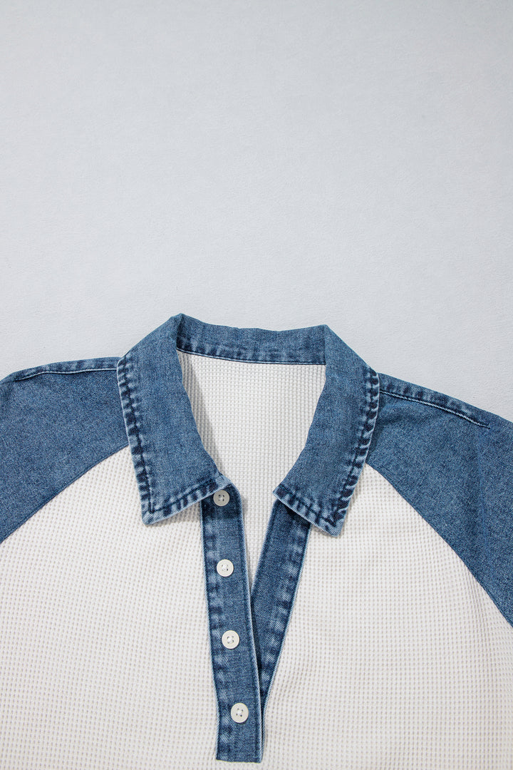 White Textured Color Block Denim Patchwork Polo Collar Tee