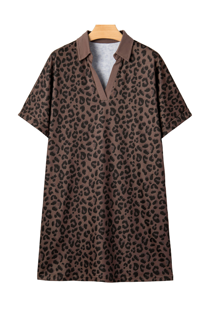 Brown Leopard Print Contrast Collar V-Neck Mini Dress