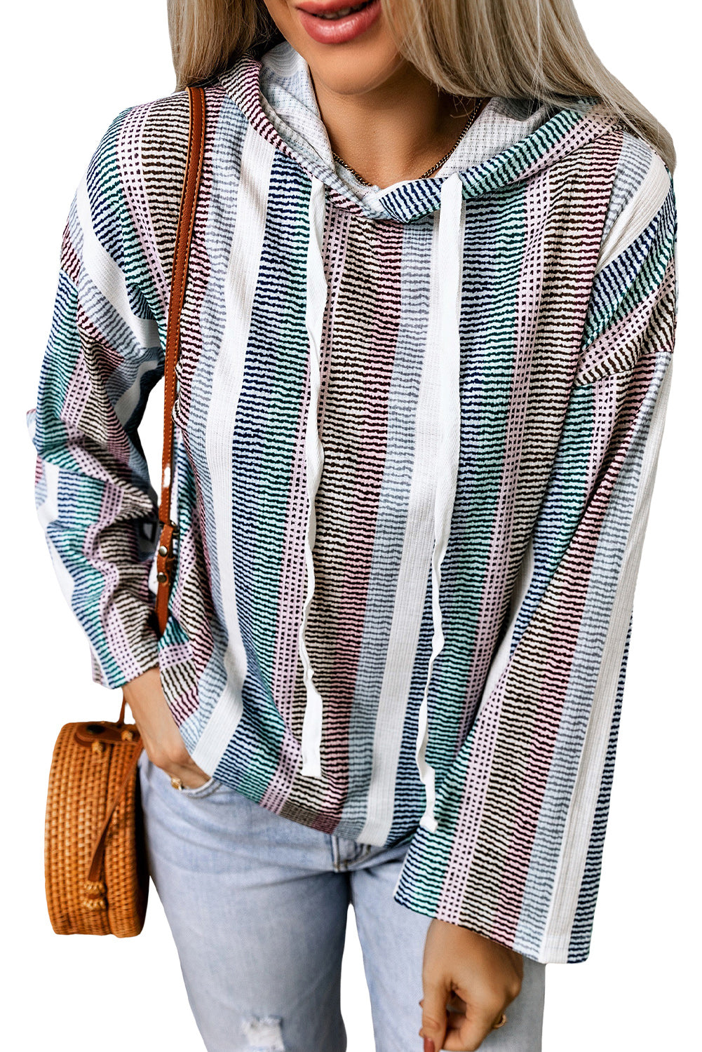 Multicolor Striped Drop Shoulder Textured Knit Hoodie