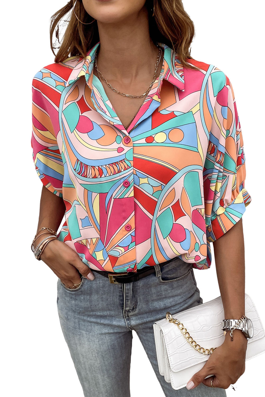 Multicolor Abstract Geometry Print Half Puff Sleeve Loose Shirt