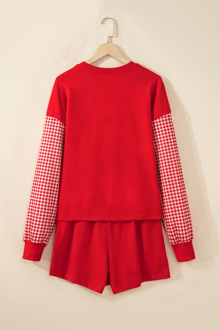 Red Plaid Patchwork Long Sleeve Top Solid Drawstring Shorts Set