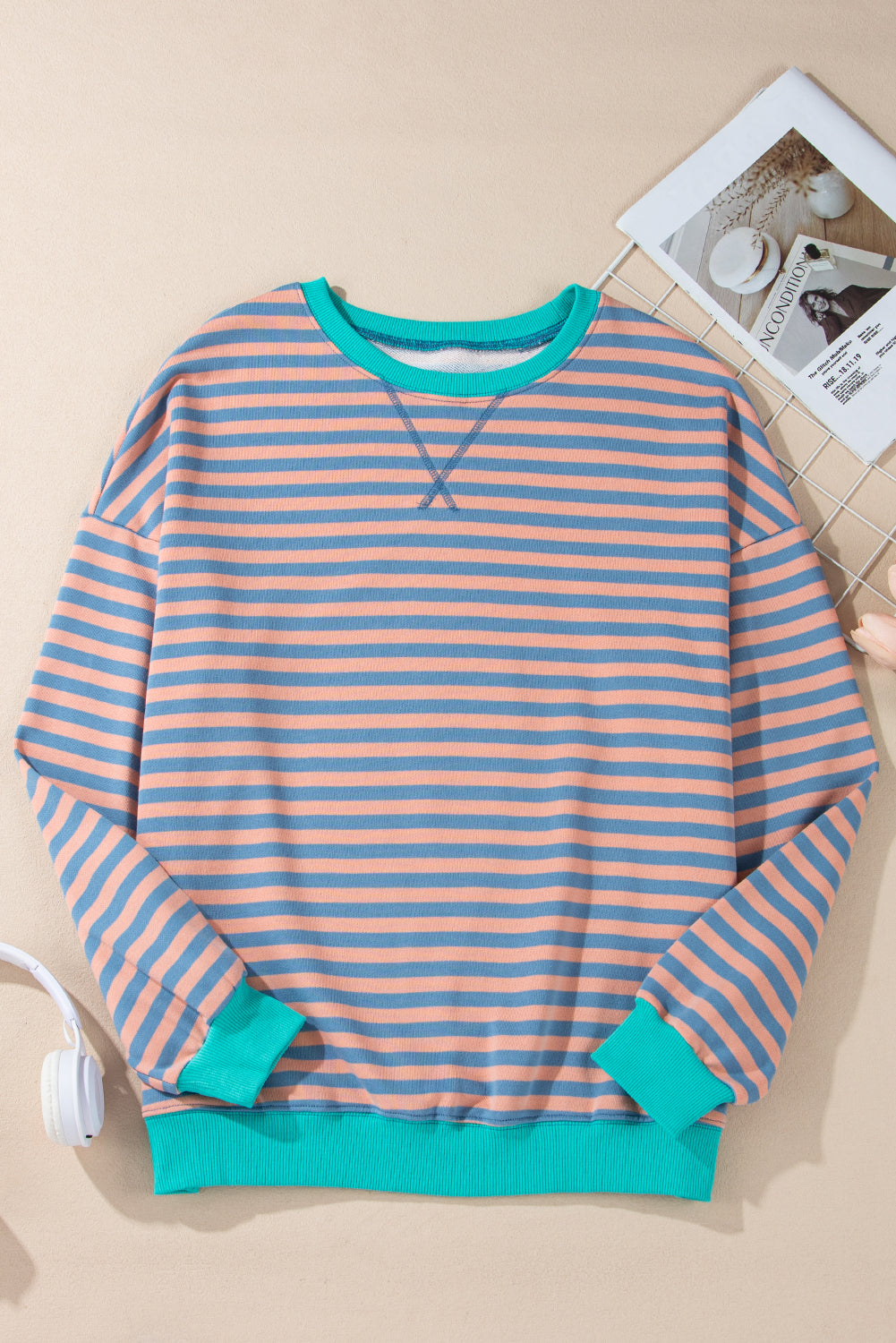 Elliana Stripe Crossed Stitch Drop Shoulder Sweatshirt