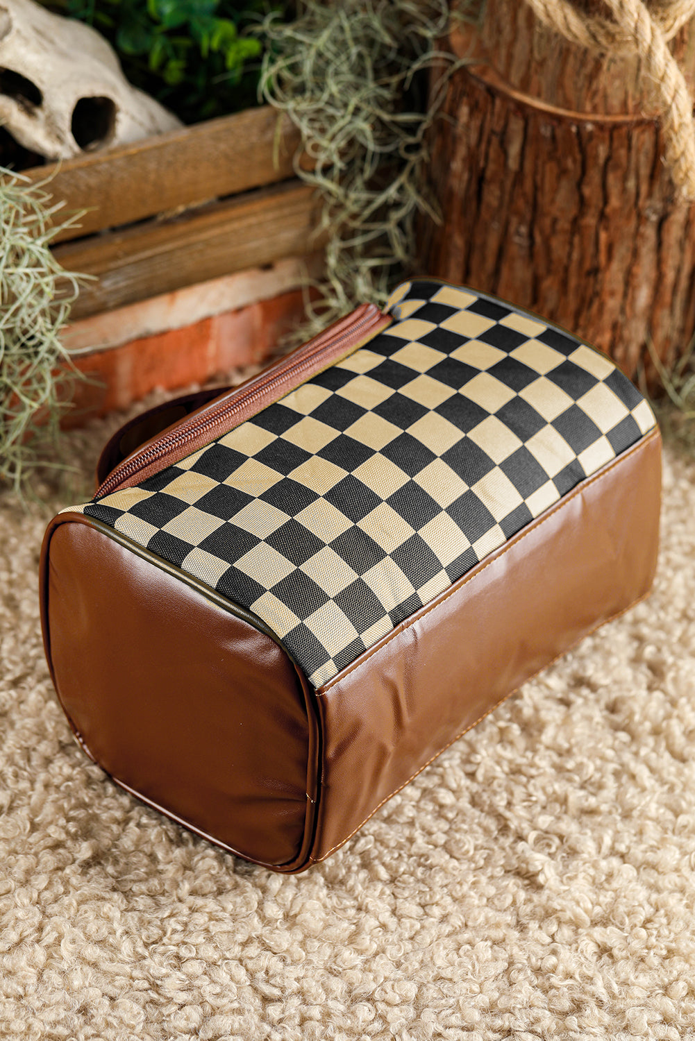 Black Checkered PU Leather Zipper Makeup Bag