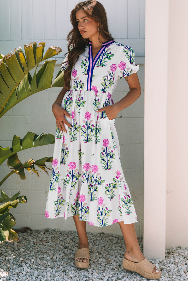 Julietta Floral Puff Short Sleeve V Neck High Waist Maxi Dress