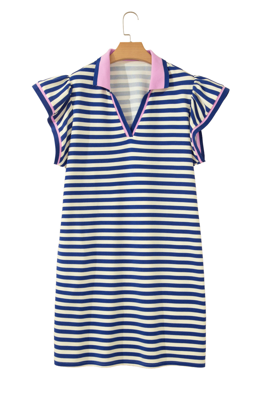 Dark Blue Striped Shift Dress Colorblock V Neck Short Sleeve Casual Summer