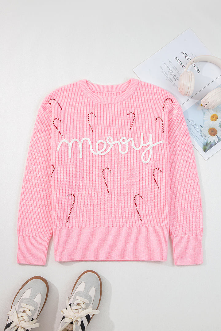 Pink Merry Candy Cane Puffy Knit Crew Neck Sweater