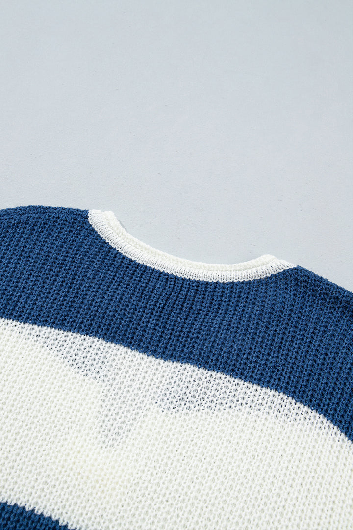 Brown Stripe Striped Colorblock Knit V Neck Short Sleeve Loose Sweater
