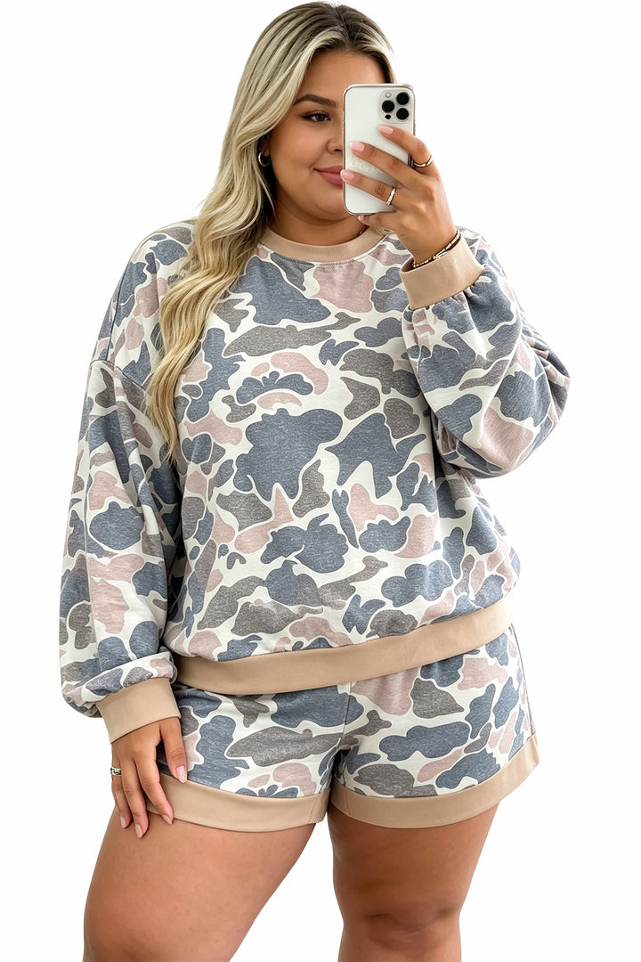 Multicolour Camouflage Print Round Neck Drop Shoulder Pullover Plus Size Shorts Set