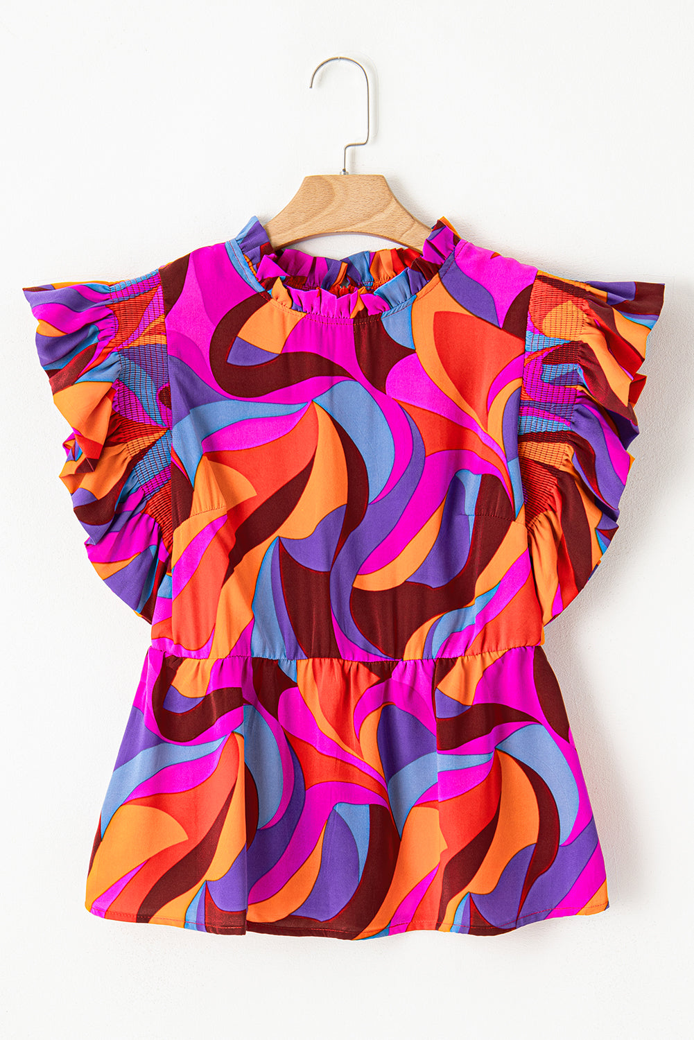 Orange Abstract Print Flutter Sleeve Peplum Blouse