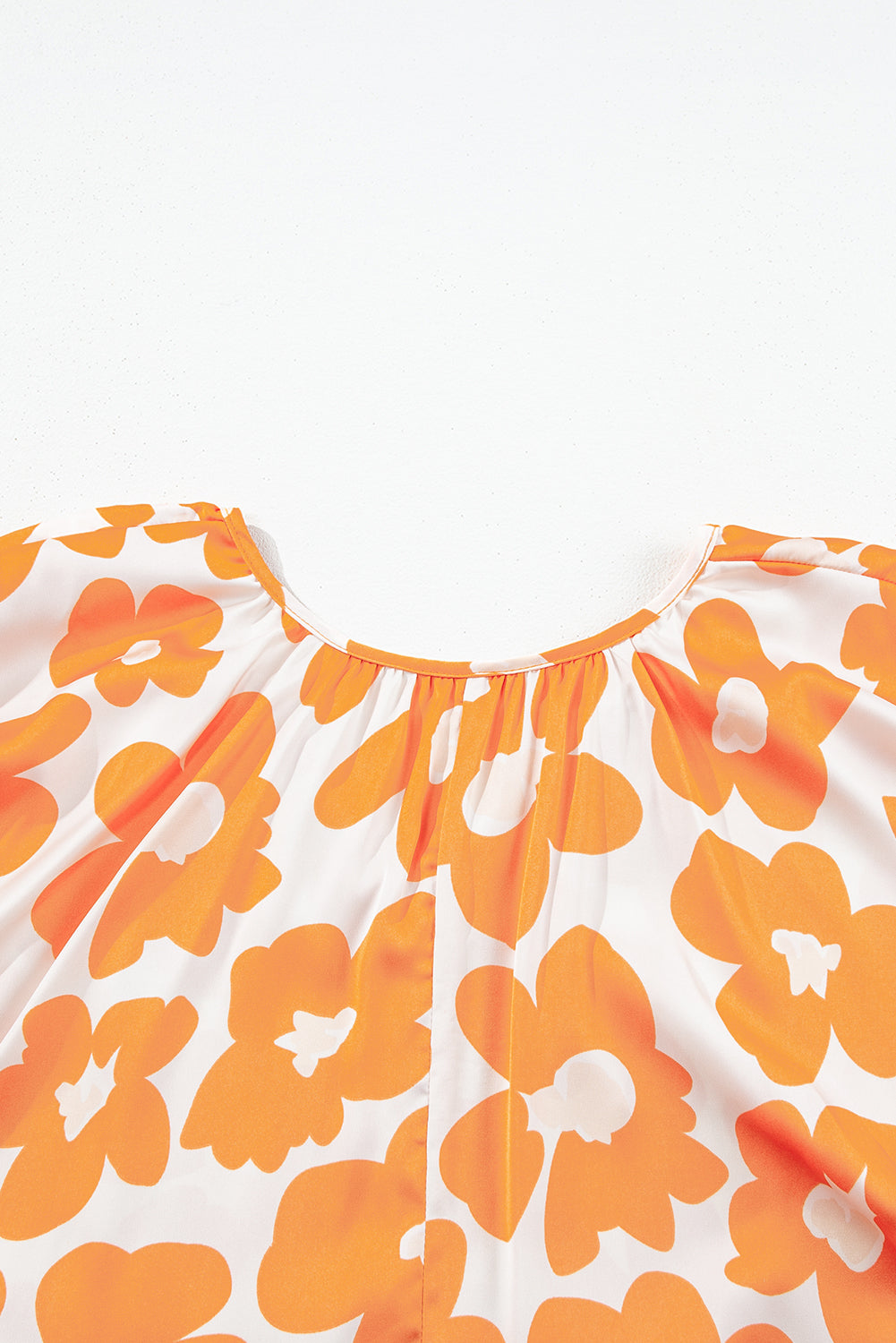 Orange Satin Floral Puff Sleeve Tied Split Neck Top