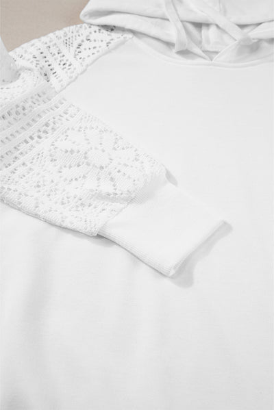 White Lace Patchwork Sleeve Drawstring Hoodie