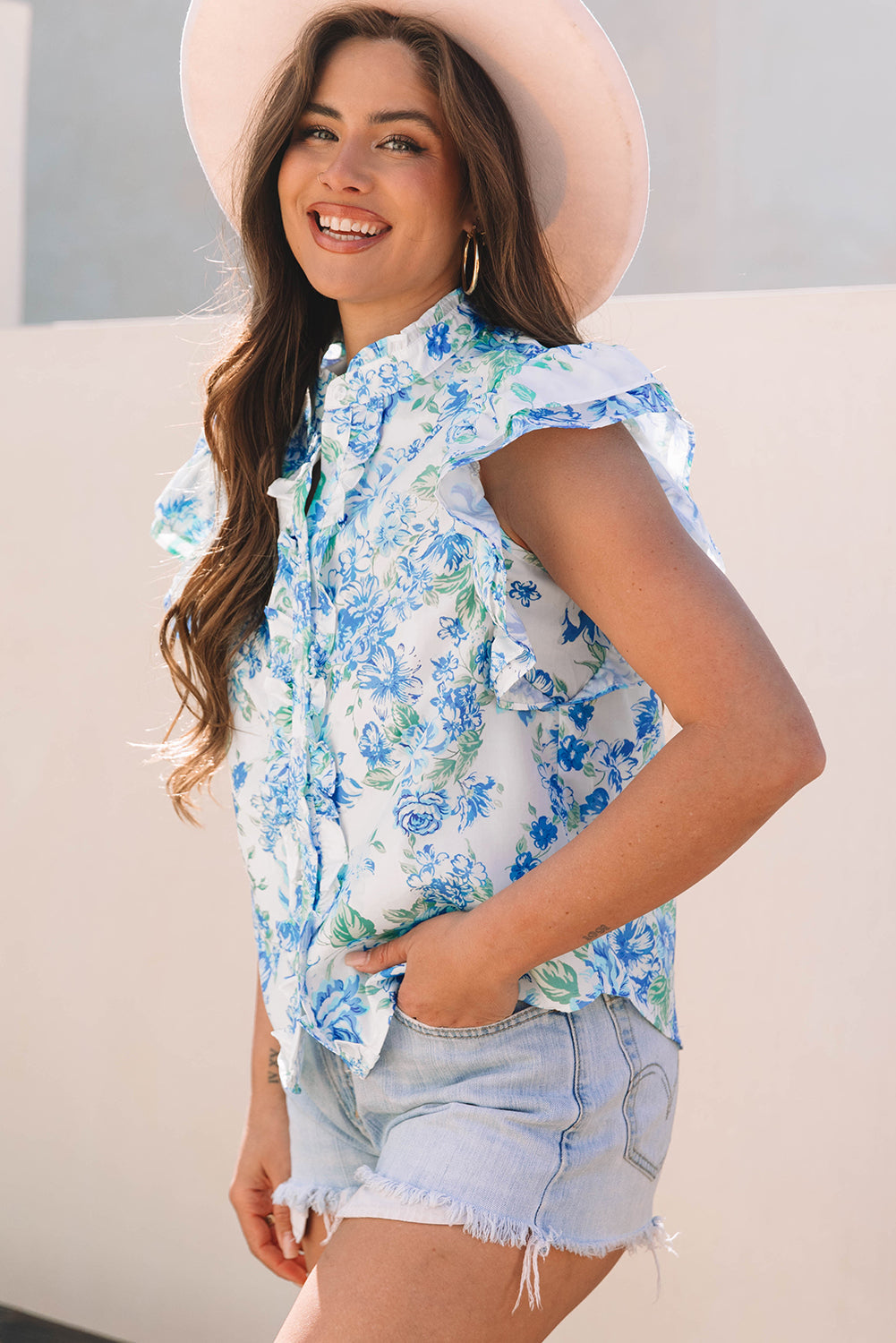 Tiana Floral Ruffle Sleeve Button Up