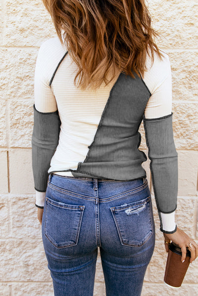 Gray Irregular Color Block Seaming Trim Rib Knit Top