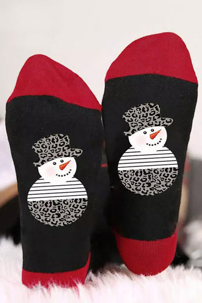 Black Christmas Snowman Color Block Crew Socks