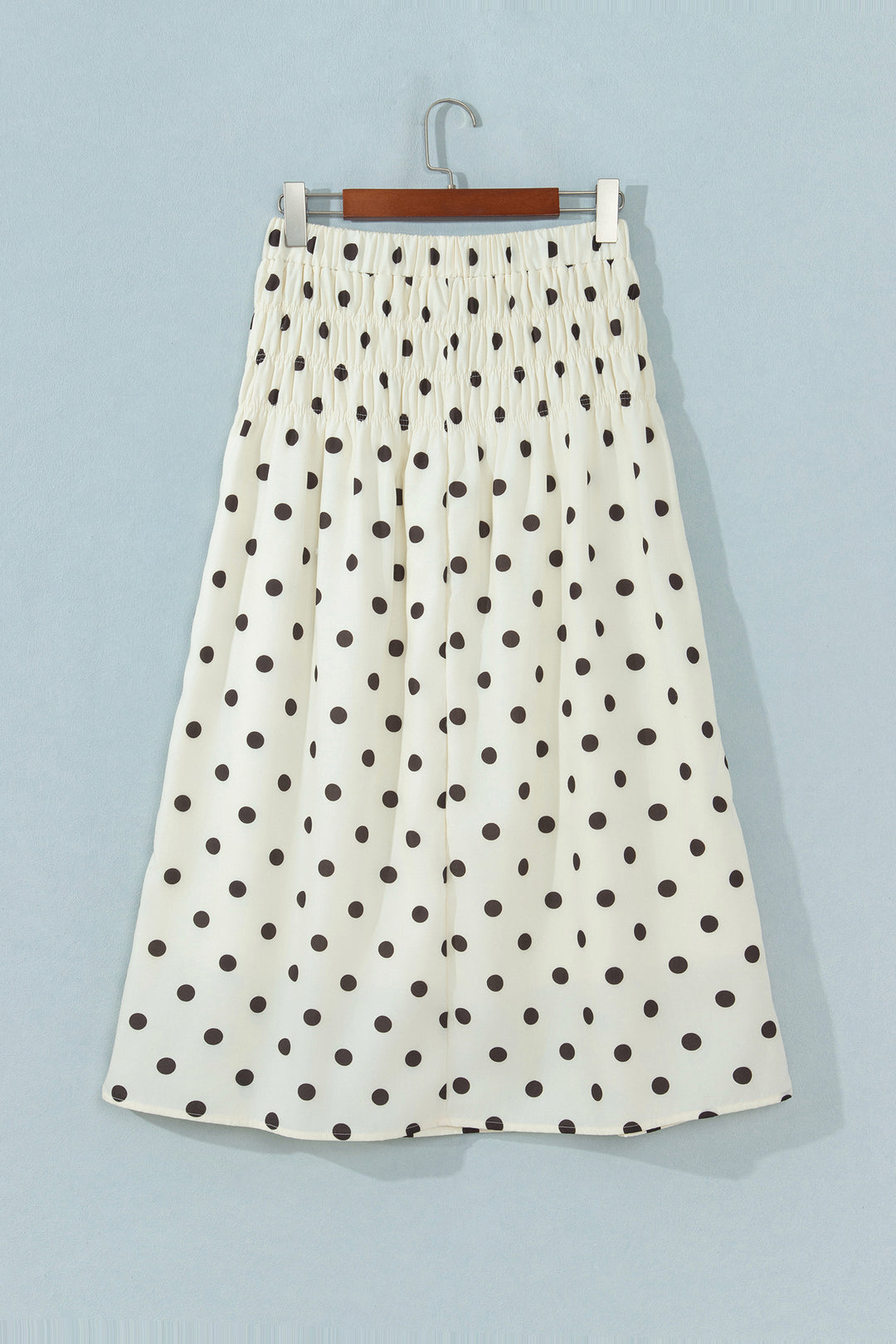 Beige Stripe Polka Dot Print Smocked High Waist Long Skirt