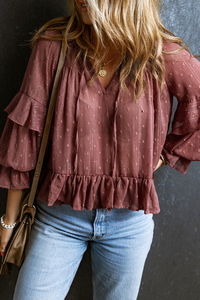 Fiery Red Swiss Dot Lace up V Neck Ruffled Blouse