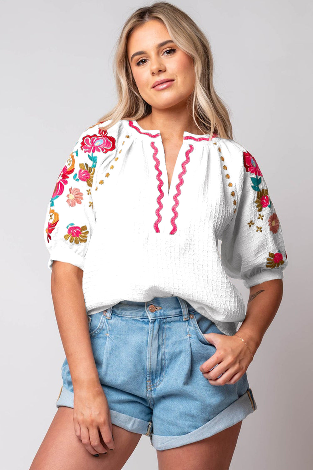 White Floral Embroidered Ricrac Puff Sleeve Textured Blouse