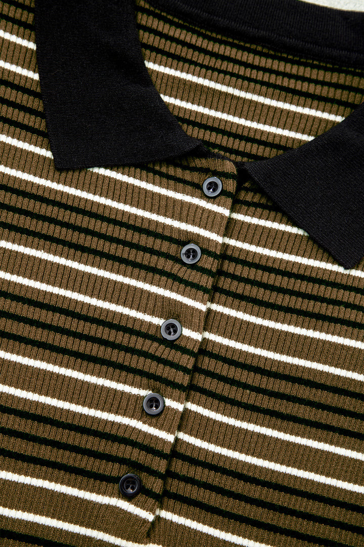 Green Stripe Striped Ribbed Knit Button Collar Sweater