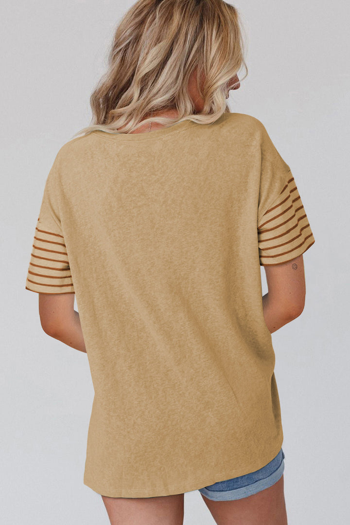Tan Color Block Striped Detail Loose T Shirt